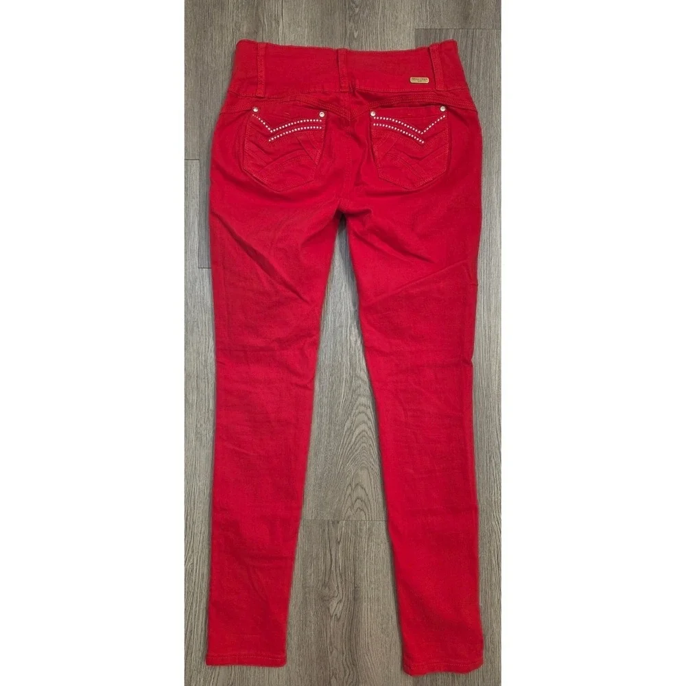 Silver Diva‎ Red Distressed Skinny Jeans High Rise Rhinestone Pocket Size 9